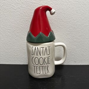 Rae Dunn Santas Cookie Tester Mug with Elf Hat Topper‎ Christmas Holiday Ceramic